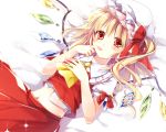  1girl blonde_hair bow finger_in_mouth flandre_scarlet hat hat_bow looking_at_viewer lying marimo_moka midriff mob_cap navel on_back puffy_short_sleeves puffy_sleeves red_eyes shirt short_sleeves side_ponytail skirt skirt_set solo touhou vest wings 