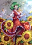  1girl ascot flower green_hair kazami_yuuka nin_(female) petals plaid plaid_skirt plaid_vest red_eyes short_hair skirt skirt_set smile solo sunflower touhou umbrella 