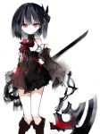  1girl akaki_aoki axe bangs black_hair boots bow detached_collar detached_sleeves dress hair_bow looking_at_viewer original red_eyes ribbon short_hair simple_background solo sword weapon white_background 