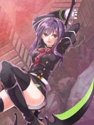  1girl brown_eyes highres hiiragi_shinoa long_hair open_mouth owari_no_seraph purple_hair ribbon school_uniform scythe skirt smile solo thigh-highs 