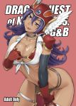  1girl :p armor bang-you bikini_armor blue_eyes breasts choker cleavage collarbone cover cover_page cowboy_shot detached_sleeves doujin_cover dragon_quest dragon_quest_iii forehead_jewel front-tie_top gloves head_tilt helmet highres large_breasts leaning_forward lips loincloth long_hair looking_at_viewer mole mole_under_eye purple_hair red_gloves shoulder_pads soldier_(dq3) solo tan tattooed_breast thigh_strap tongue tongue_out under_boob winged_helmet 