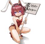  1girl animal_ears bare_legs bare_shoulders blue_eyes blush bunny_girl bunny_tail bunnysuit closers collar fake_animal_ears lhu_(barappra1) one_knee open_mouth pink_hair rabbit_ears seulbi_lee short_hair side_ponytail sign solo sweatdrop tail wrist_cuffs 