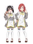 2girls angry black_hair bow hair_bow hair_twirling hand_on_hip highres long_hair looking_at_another looking_away love_live!_school_idol_project multiple_girls my-otome nishikino_maki open_mouth parody red_eyes redhead short_hair stampede_xm standing thigh-highs toy twintails violet_eyes white_background yazawa_nico 