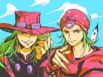  2boys green_hair grin gyro_zeppeli hat highres johnny_joestar jojo_no_kimyou_na_bouken kemetoyachan_2 multiple_boys nail_polish pointing smile steel_ball_run 