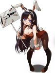  ahoge animal_ears bare_shoulders bent_over black_hair blue_eyes breasts bunny_tail bunnysuit cleavage closers collar fake_animal_ears hairband large_breasts lhu_(barappra1) long_hair looking_at_viewer open_mouth pantyhose pigeon-toed rabbit_ears sign solo standing tail tray white_background wrist_cuffs yuri_seo 