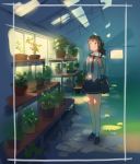  1girl bag blush brown_hair ddal long_hair necktie original plant ponytail red_eyes school_bag school_uniform skirt solo tomato 