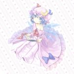  1girl blue_eyes blue_hair book cirno cosplay crescent_hair_ornament double_bun dress hair_ornament hair_ribbon hat hat_ribbon heart heart_background long_sleeves looking_at_viewer mob_cap nakahara_masahiko off_shoulder open_book patchouli_knowledge patchouli_knowledge_(cosplay) ribbon robe short_hair sitting smile solo striped striped_background striped_dress touhou tress_ribbon wings 