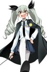  1girl anchovy blush brown_eyes cape drill_hair girls_und_panzer hair_ribbon kumadano long_hair looking_at_viewer military necktie open_mouth ribbon riding_crop shirt skirt smile solo stepping twin_drills twintails uniform 