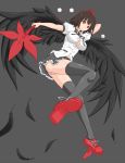  1girl arm_behind_head black_hair black_legwear black_skirt black_wings breasts bursting_breasts collared_shirt feathered_wings feathers frilled_skirt frills full_body geta grey_background hat large_breasts long_legs looking_at_viewer miniskirt moya-shi neck_ribbon no_bra outstretched_arm panties pink_panties puffy_short_sleeves puffy_sleeves red_eyes ribbon shameimaru_aya shirt shoelaces short_hair short_sleeves simple_background skirt smile solo taut_clothes taut_shirt tengu-geta thigh-highs tokin_hat touhou underwear white_shirt wings 