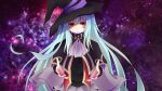  1girl artist_request blue_hair capelet hat highres long_hair ole_tower red_eyes solo spanner_(ole_tower) spanner_m36_(ole_tower) witch_hat 