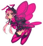  animal_costume antennae backpack bag butterfly_wings flying frilled_legwear frilled_skirt frills hair_ribbon highres itsumo_nokoru looking_at_viewer pink_eyes pink_hair ribbon simple_background skirt speaker thigh-highs transparent_background twintails wings 