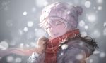  1boy aldnoah.zero coat gloves hat highres scarf signature silver_hair slaine_troyard snowing solo toyo_(s9654431) white_hair winter_clothes 