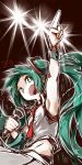  1girl armpits bare_shoulders cowboy_shot deel_(rkeg) green_eyes green_hair hatsune_miku headset highres index_finger_raised long_hair microphone midriff necktie open_mouth pointing pointing_up sideways_mouth singing sleeveless small_breasts solo stage_lights very_long_hair vocaloid wristband 
