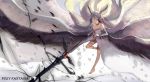  1girl angel_wings barefoot commentary dragon dragon_horns dress gauntlets highres horns leg_ribbon long_hair multiple_wings original personification pixiv_fantasia pixiv_fantasia_t pointy_ears polearm silver_hair sishenfan solo very_long_hair weapon white_dress wind wings yellow_eyes 
