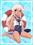  1girl blonde_hair blue_eyes crop_top flower hair_flower hair_ornament kantai_collection kurumi_moka lifebuoy long_hair one-piece_tan ro-500_(kantai_collection) sailor_collar school_swimsuit swimsuit swimsuit_under_clothes tan tanline torpedo 