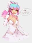  1girl 4chan annoyed bare_shoulders blush breasts brown_eyes cleavage doomfest dress elbow_gloves gloves gradient_hair green_hair highres long_hair looking_at_viewer middle_finger multicolored_hair original pink_hair ponytail profanity strapless_dress waifu-tan white_dress white_gloves 