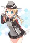 1girl anchor_hair_ornament blonde_hair blue_eyes gloves hair_ornament hat honeycomb_background hyuuga_azuri kantai_collection long_hair military military_uniform open_mouth peaked_cap prinz_eugen_(kantai_collection) salute smile solo twintails uniform 