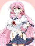  10eki_(tenchou) 1girl akashi_(kantai_collection) blush dressing green_eyes hair_ribbon highres kantai_collection long_hair looking_at_viewer open_mouth pink_hair ribbon school_uniform serafuku side_slit skirt solo tress_ribbon twintails 