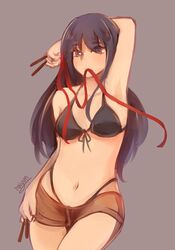  1girl between_fingers bikini black_bikini breasts character_request haiyunn highleg highleg_bikini highleg_swimsuit highres mouth_hold navel pocky ribbon shorts solo swimsuit 