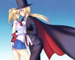  2girls artist_request ass ass_grab asymmetrical_docking blonde_hair blue_eyes blush breast_press breasts cape eye_contact hat holding_hands large_breasts looking_at_another multiple_girls mylovelydevil original ponytail sailor_moon_(cosplay) school_uniform serafuku skirt top_hat tuxedo tuxedo_kamen_(cosplay) violet_eyes yuri 