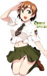  1girl :d brown_hair character_request em green_eyes green_skirt knees_together_feet_apart loafers navel necktie open_mouth panties pantyshot shoes short_hair short_sleeves simple_background skirt smile solo striped striped_panties underwear white_background 