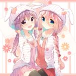  2girls :d animal_hood blue_eyes braid bunny_hood bunny_tail dress flower hair_bobbles hair_ornament hairpin hood ia_(vocaloid) ikari_(aor3507) jacket looking_at_viewer low_twintails multiple_girls open_mouth pink_hair pom_pom_(clothes) purple_hair skirt smile tail thigh-highs twin_braids twintails violet_eyes vocaloid yuzuki_yukari 