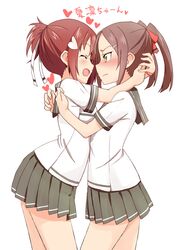  2girls agenasu blush brown_hair face-to-face green_eyes hair_ornament hair_ribbon hairclip heart heart_hair_ornament highres hug long_hair miyoshi_karin multiple_girls open_mouth pink_hair pleated_skirt ponytail ribbon school_uniform serafuku skirt smile twintails yuri yuuki_yuuna yuuki_yuuna_wa_yuusha_de_aru 