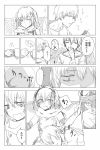  1boy 1girl admiral_(kantai_collection) bare_shoulders blush coffee_cup comic elbow_gloves fang fingerless_gloves gloves hair_ornament jin_(crocus) kantai_collection monochrome remodel_(kantai_collection) scarf sendai_(kantai_collection) short_twintails sleeping_on_person sweatdrop translated twintails yawning 