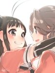  2girls bangs brown_hair comic double_bun gloves hug jintsuu_(kantai_collection) kantai_collection ko_ru_ri multiple_girls naka_(kantai_collection) school_uniform serafuku short_hair 