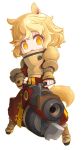  1girl animal_ears arm_guards armor bayonet blonde_hair boots cannon chestplate chibi gun original pauldrons ran_system short_hair simple_background solo tail weapon white_background yellow_eyes 