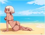  1girl ass beach bikini blonde_hair real_life short_hair solo swimsuit typo_(requiemdusk) 