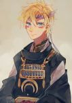  1boy blonde_hair blue_eyes caesar_anthonio_zeppeli facial_mark highres japanese_clothes jojo_no_kimyou_na_bouken mikazuki_munechika mikazuki_munechika_(cosplay) qin_(7833198) solo touken_ranbu 