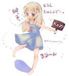  1girl barefoot blue_eyes dress fang key_(company) little_busters!! long_hair maruma_(maruma_gic) noumi_kudryavka placard sign silver_hair 