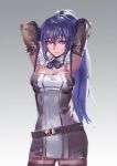  1girl armpits arms_behind_head arms_up belt black_legwear blue_eyes breast_lift breasts brown_gloves cleavage dress elbow_gloves gloves grey_dress kishiyo large_breasts long_hair looking_at_viewer pixiv_fantasia pixiv_fantasia_t ponytail purple_hair rei_no_himo revision short_dress sleeveless sleeveless_dress solo thigh-highs very_long_hair zettai_ryouiki 