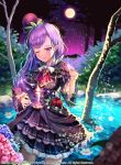  1girl blush bow candle copyright_request dress flower frilled_dress frills hair_ornament highres holding leaf leaf_hair_ornament long_hair moon night one_eye_closed purple_hair rose shoonear solo tree violet_eyes water wide_sleeves 