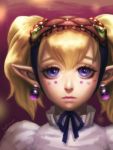  1girl agitha bellhenge blonde_hair blue_eyes earrings eyelashes gem hairband highres jewelry lips lipstick lolita_fashion lolita_hairband long_hair looking_at_viewer makeup nose pointy_ears rupee short_twintails solo the_legend_of_zelda twilight_princess twintails zelda_musou 