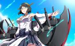  1girl absurdres black_hair cannon detached_sleeves green-framed_glasses grey_eyes hairband highres kantai_collection kirishima_(kantai_collection) kyoukyan machinery nontraditional_miko remodel_(kantai_collection) sarashi short_hair skirt solo turret 