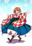  1girl baba_(baba_seimaijo) bell checkered hair_bell hair_ornament highres japanese_clothes motoori_kosuzu open_mouth outstretched_arms red_eyes redhead short_hair smile solo touhou twintails 
