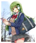  1girl :d bag bangs beige_sweater_vest blazer blush breasts collared_shirt commentary_request frog_hair_ornament green_eyes green_hair grey_skirt hair_ornament holding holding_phone jacket kochiya_sanae large_breasts long_hair long_sleeves looking_at_viewer miniskirt open_mouth outdoors phone pleated_skirt school_uniform shirt skirt smile snake_hair_ornament solo standing suit_jacket teeth thighs touhou upper_teeth white_shirt wing_collar 