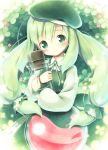  1girl aikei_ake beret blush clover commentary_request dress flask green green_eyes hat holding long_sleeves looking_at_viewer original smile solo twintails 