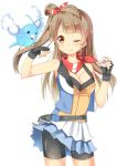  1girl adjusting_hair alternate_costume alternate_hairstyle bike_shorts blush breasts brown_eyes brown_hair cleavage fanny_pack hair_ribbon haruka_(pokemon) highres holding holding_poke_ball long_hair looking_at_viewer neckerchief one_eye_closed pleated_skirt poke_ball pokemon pokemon_(game) pokemon_oras premier_ball ribbon shizuka_(deatennsi) skirt solo_focus swablu vest white_background 