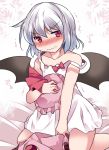  1girl bare_shoulders bat_wings bed bed_sheet blush clothes_removed collarbone dress_removed embarrassed hammer_(sunset_beach) lavender_hair looking_at_viewer mob_cap red_eyes remilia_scarlet short_hair slit_pupils solo strap_slip touhou trembling wavy_mouth wings 