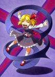  1girl :d ^_^ blonde_hair closed_eyes darkness frilled_skirt frills hair_ribbon kawachi_koorogi open_mouth outstretched_arms ribbon rumia shirt skirt smile spread_arms touhou vest 