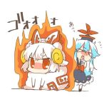  &gt;_&lt; 1girl animalization blue_hair blush bow burning chibi closed_eyes flame fujiwara_no_mokou hat horns kamishirasawa_keine long_hair lowres open_mouth rebecca_(keinelove) red_eyes sheep sheep_horns sitting sweat touhou white_hair 