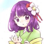  1girl flower hair_flower hair_ornament hieda_no_akyuu japanese_clothes kimono mudzukite purple_hair short_hair touhou violet_eyes 