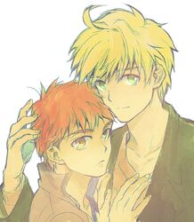  2boys blonde_hair brown_eyes emiya_shirou fate/prototype fate/stay_night fate_(series) genderswap goldfish_(artist) green_eyes multiple_boys orange_hair saber_(fate/prototype) yellow_eyes 