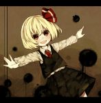  1girl :d blonde_hair darkness hair_ribbon kaede_rin open_mouth outstretched_arms red_eyes ribbon rumia shirt short_hair skirt smile spread_arms touhou vest wing_collar 