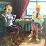  2girls blonde_hair blue_eyes blush breasts cafeteria cake cardigan cleavage_cutout cleavage_reach crossed_legs cup food full-face_blush hair_ribbon highres katawa_shoujo long_hair multiple_girls necktie no_shoes open-chest_sweater pantyhose raiine_rand red_eyes ribbon satou_akira satou_lilly saucer short_hair shorts siblings sisters sitting skirt smile sweater 