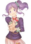  1girl :d aikatsu! aiming_at_viewer bangs blurry blush contrapposto cowboy_shot depth_of_field eyebrows_visible_through_hair finger_gun fingernails hair_ornament hair_scrunchie head_tilt highres jacket kiriya_aoi koruse long_hair long_sleeves open_mouth outstretched_arm parted_bangs pink_skirt ponytail purple_hair purple_jacket red_ribbon ribbon scrunchie shiny shiny_hair sidelocks skirt smile solo standing tareme uniform violet_eyes 