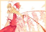  1girl alternate_wings blonde_hair bow cherry_blossoms flandre_scarlet hat profile red_eyes short_hair side_ponytail solo tama_(soon32281) touhou wings 